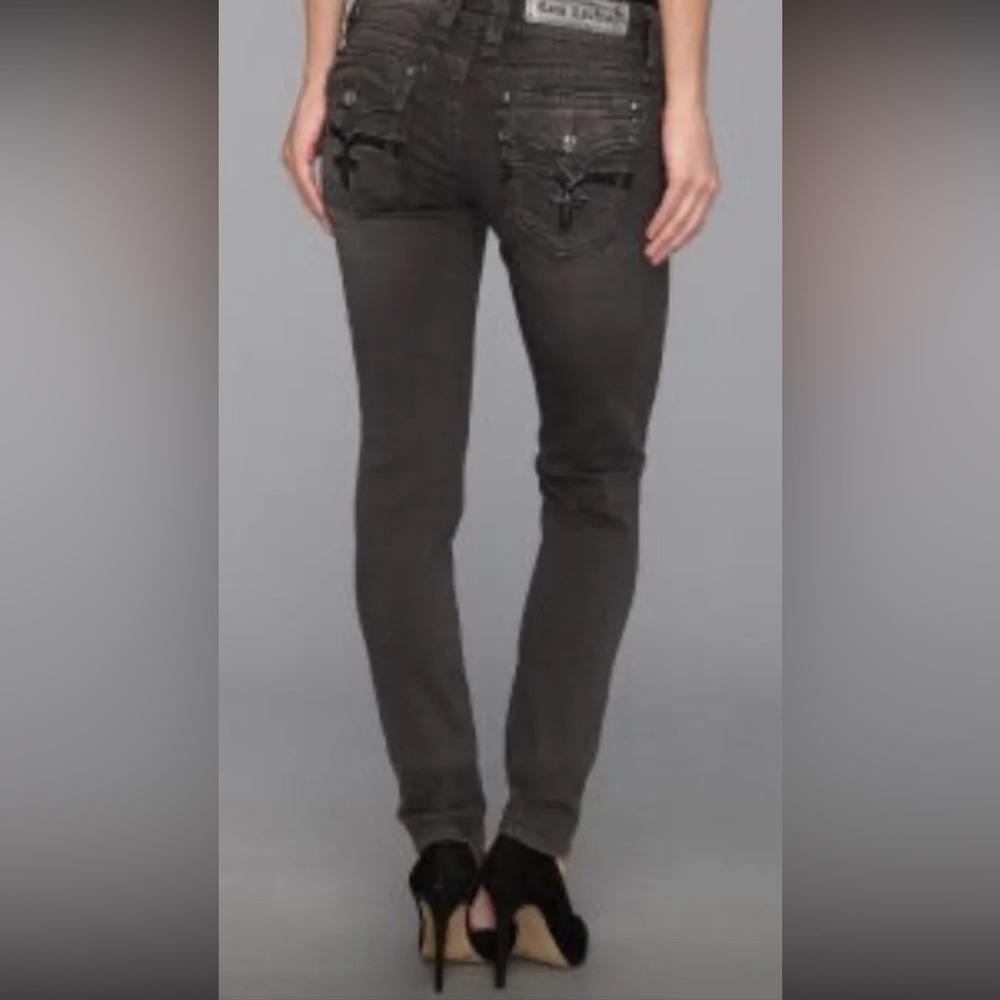 🌞 Rock Revival faded black straight leg jeans bling back pockets button women 25